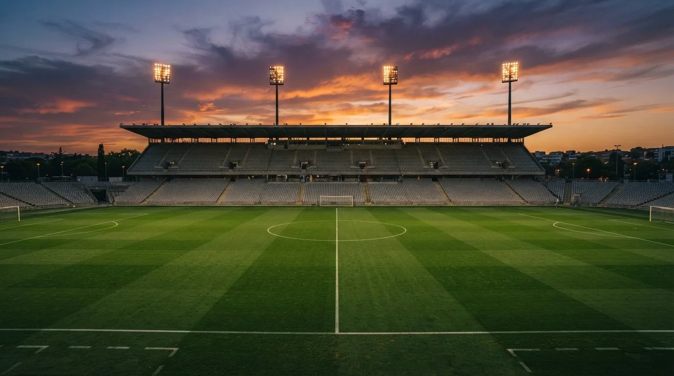 Un estadio de fútbol vacío con torres de iluminación al atardecer