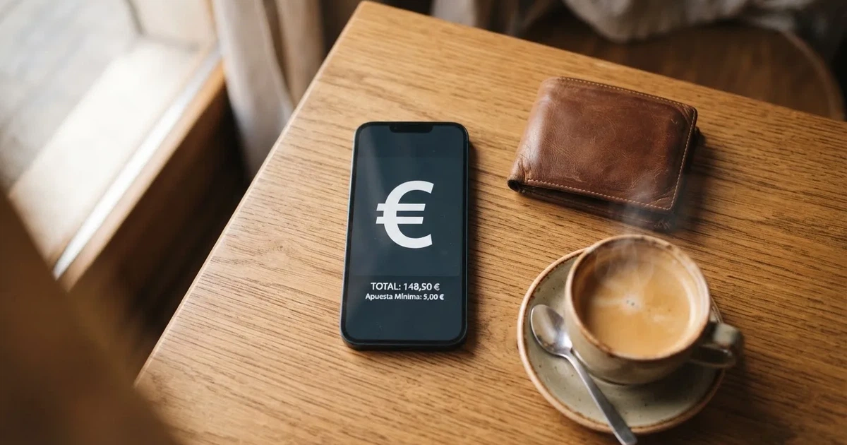 Un móvil sobre una mesa de madera junto a una cartera y una taza de café