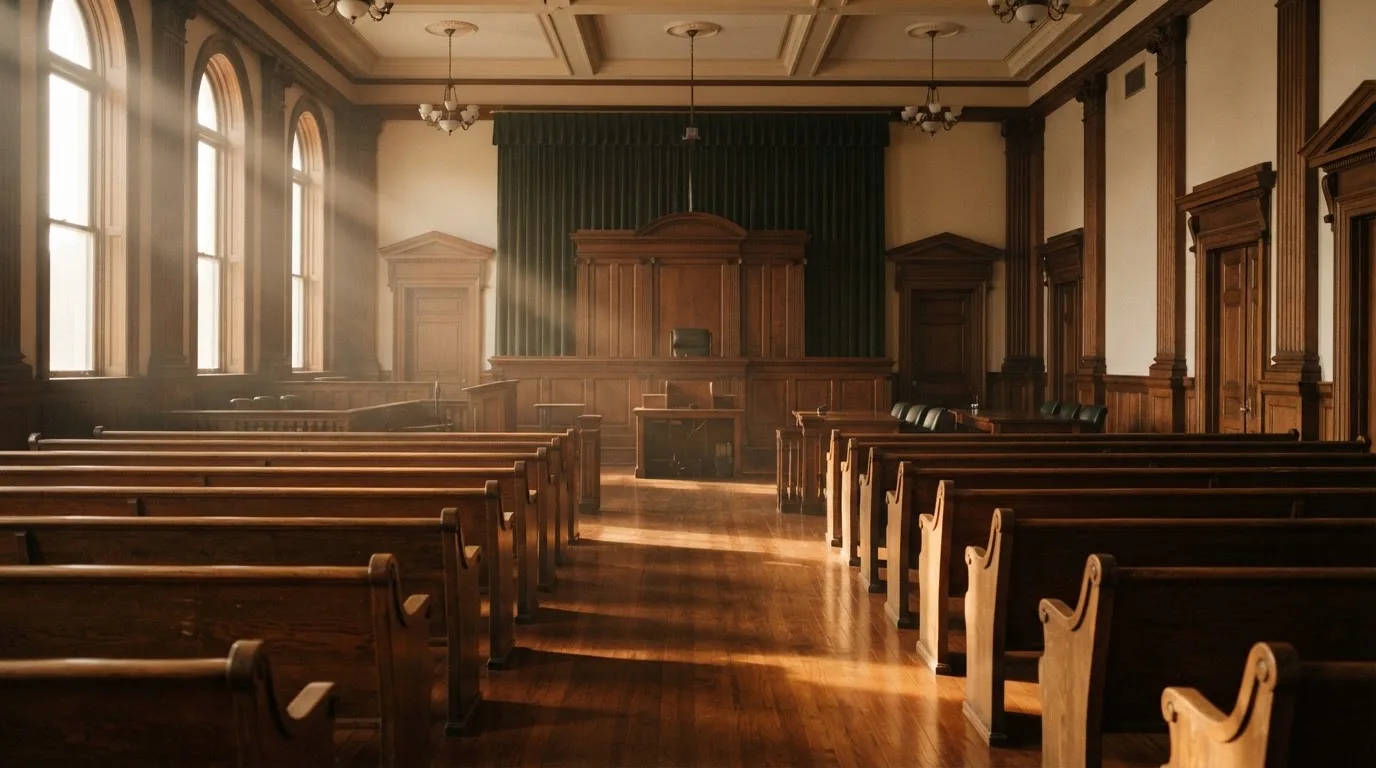 Una sala de tribunal vacía con bancos de madera a la luz de la mañana