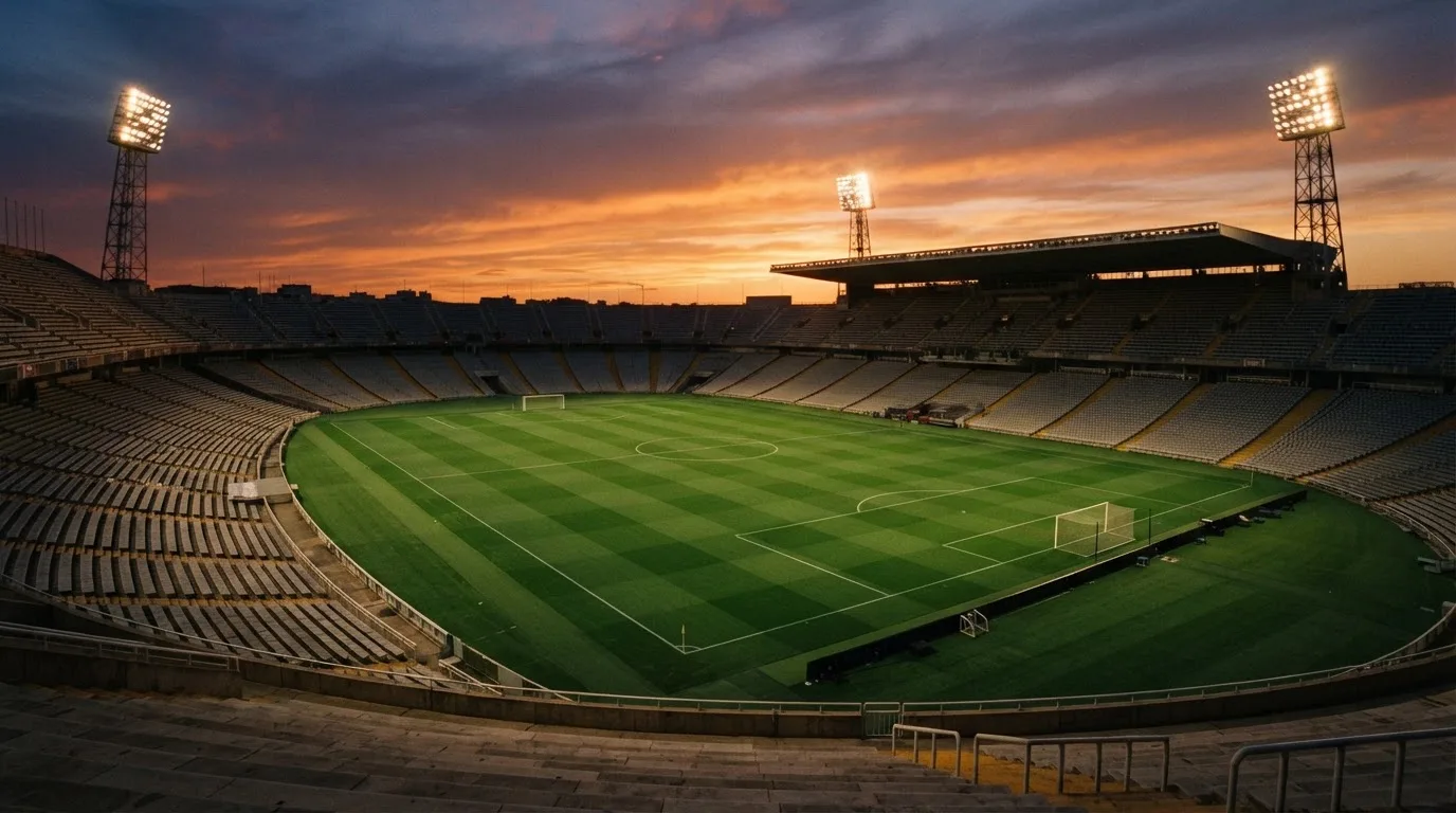 Un estadio de fútbol vacío con torres de iluminación al atardecer