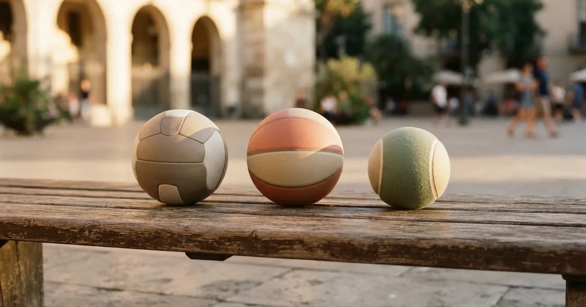 Tres balones de distintos tipos, uno junto a otro, sobre un banco de madera
