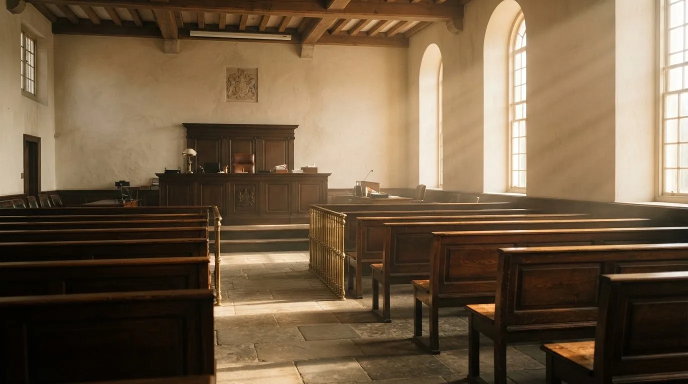 Una sala de tribunal vacía con bancos de madera a la luz de la mañana