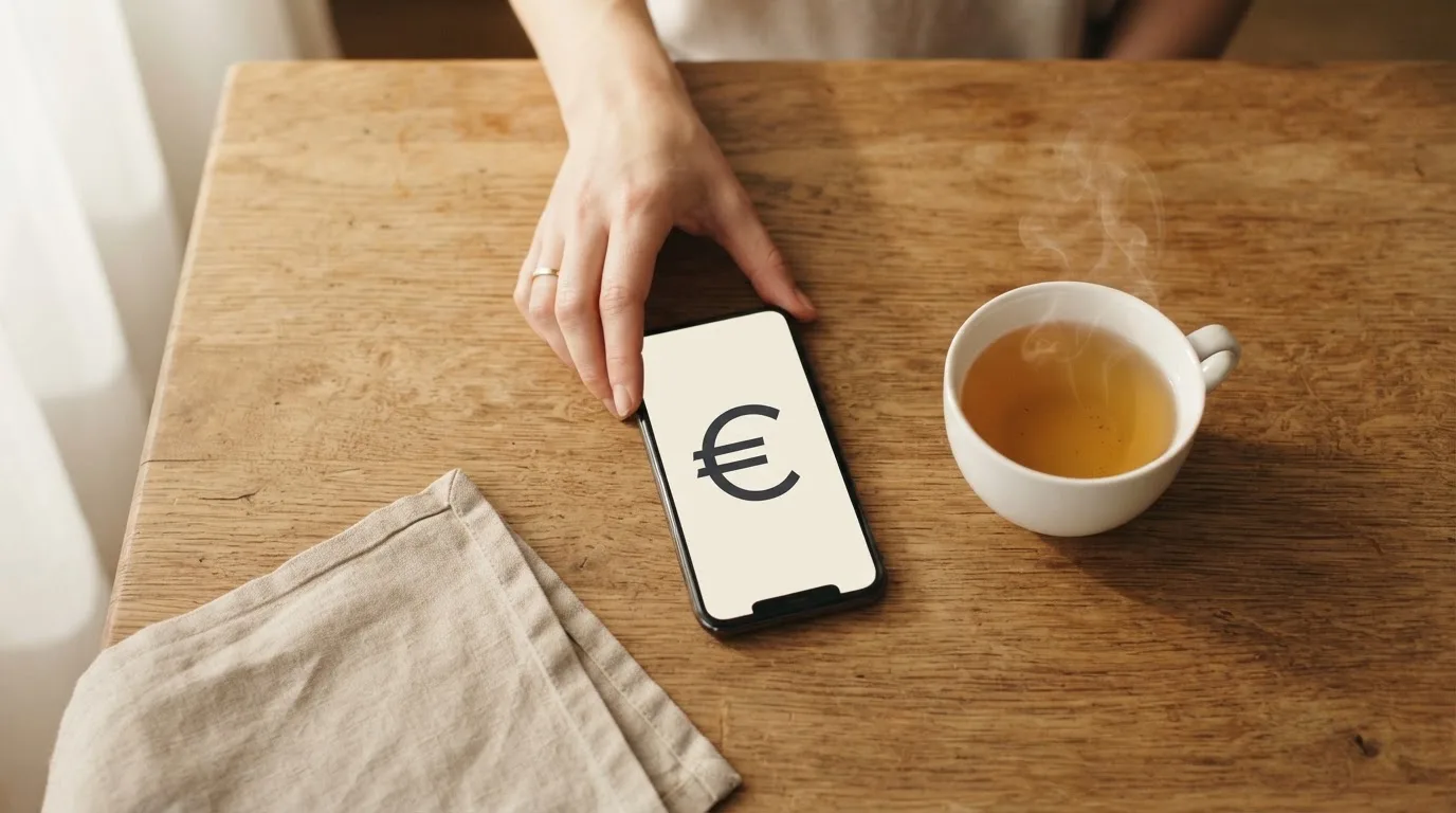 Una mano deja un móvil junto a una taza de té sobre la mesa de la cocina, una tarde tranquila