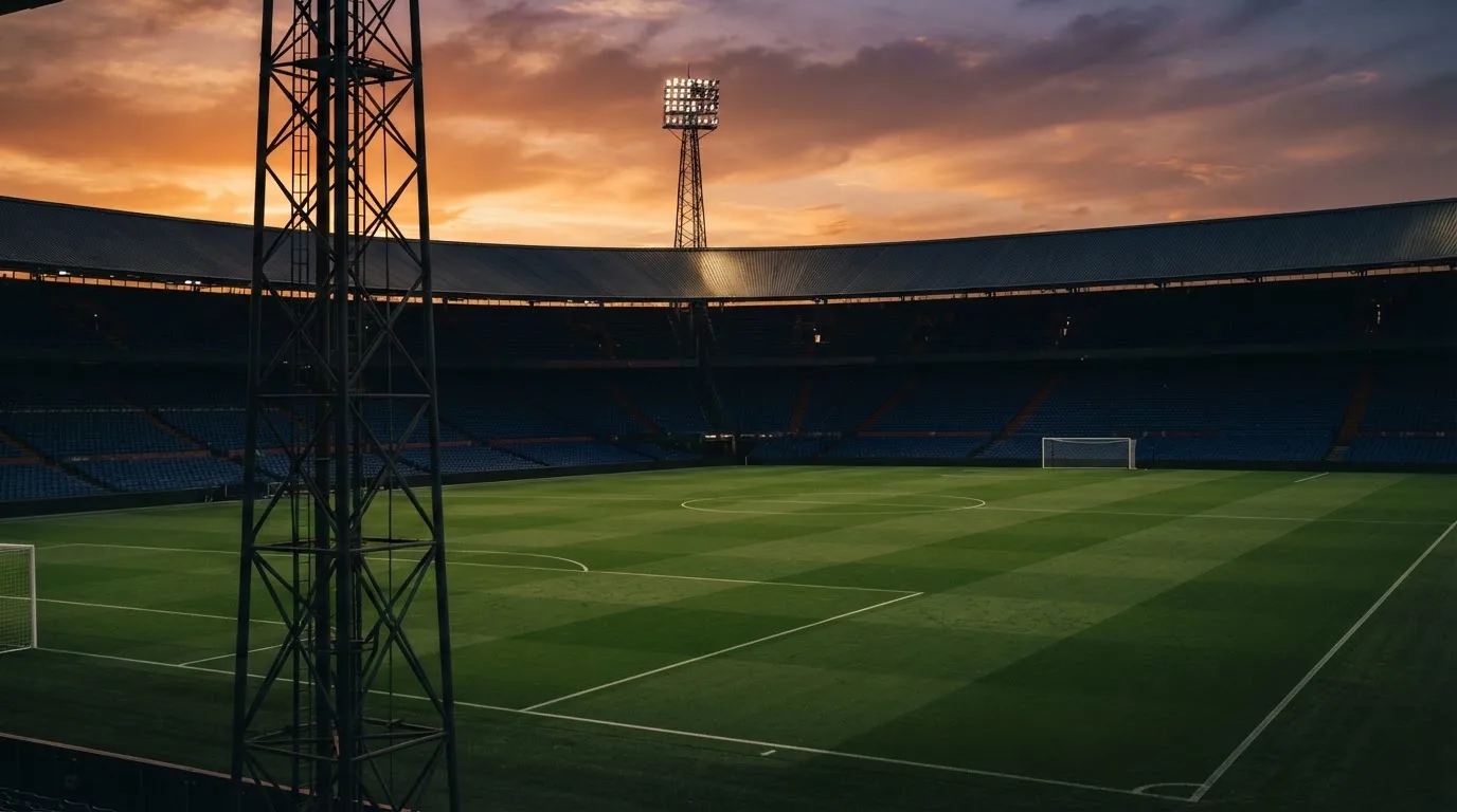 Un estadio de fútbol vacío con torres de iluminación al atardecer
