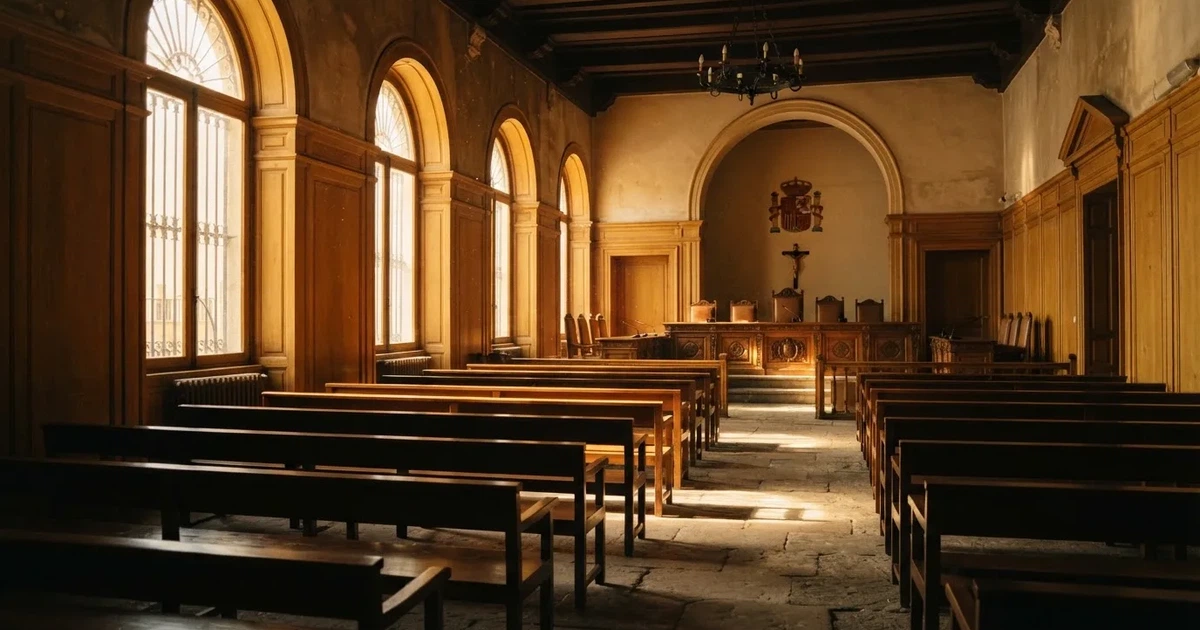 Una sala de tribunal vacía con bancos de madera a la luz de la mañana