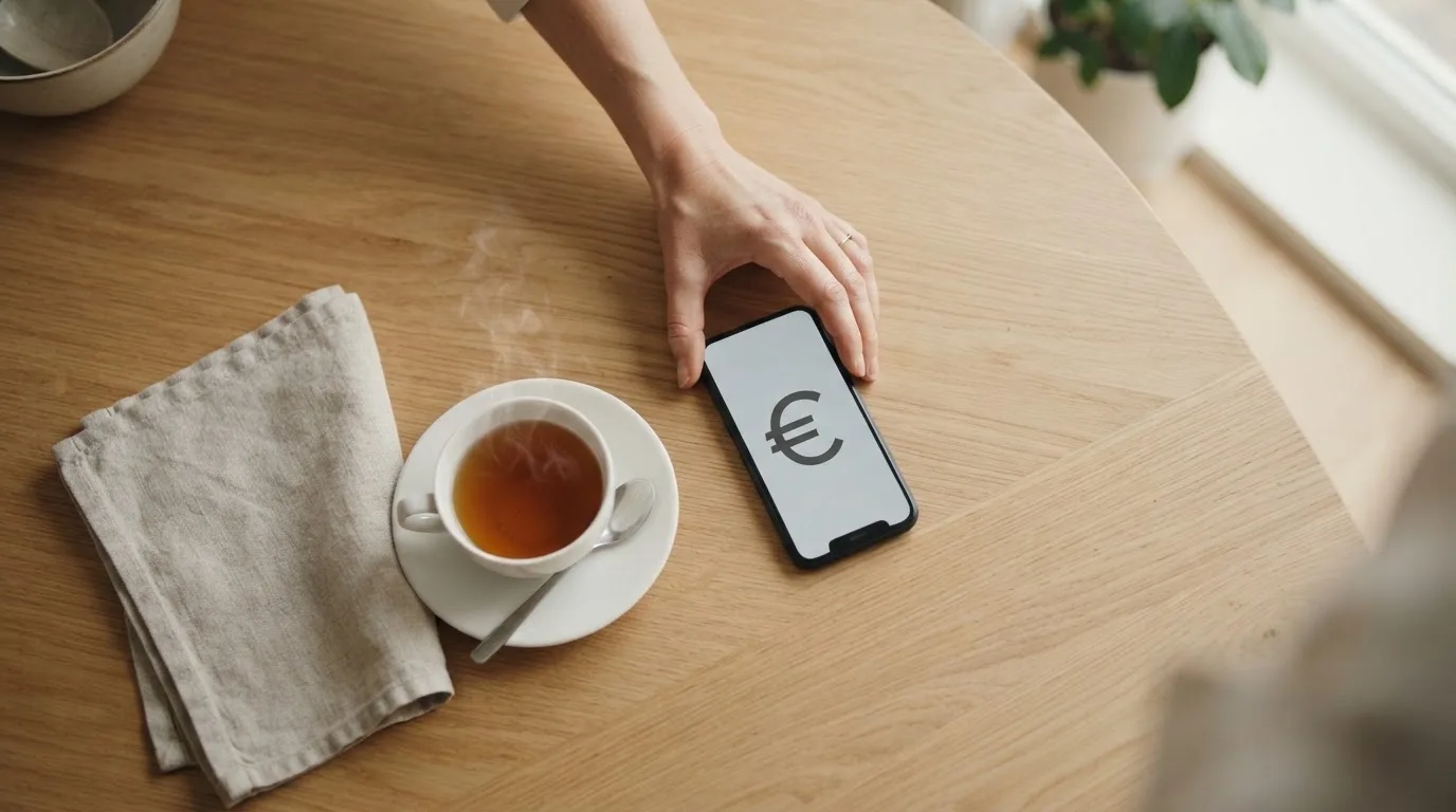 Una mano deja un móvil junto a una taza de té sobre la mesa de la cocina, una tarde tranquila
