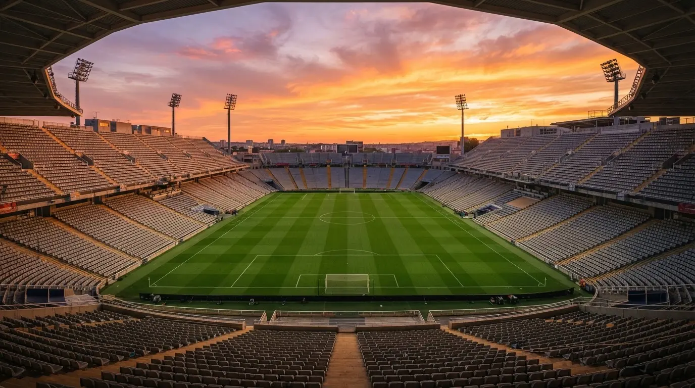 Un estadio de fútbol vacío con torres de iluminación al atardecer
