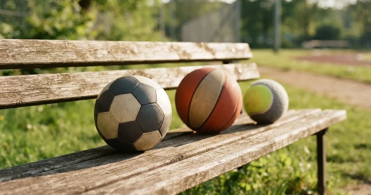 Tres balones de distintos tipos, uno junto a otro, sobre un banco de madera