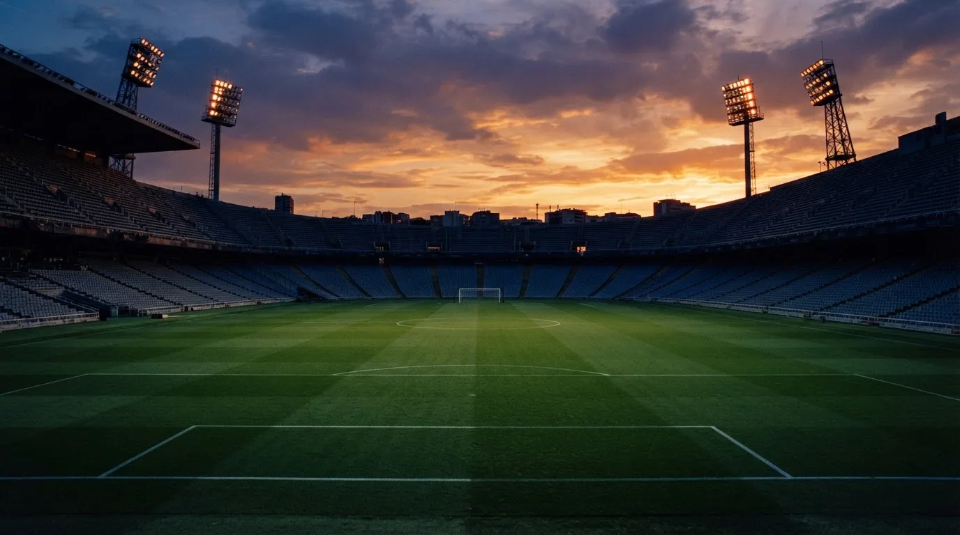 Un estadio de fútbol vacío con torres de iluminación al atardecer