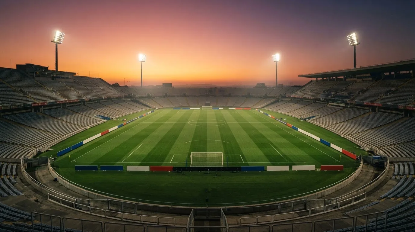 Un estadio de fútbol vacío con torres de iluminación al atardecer