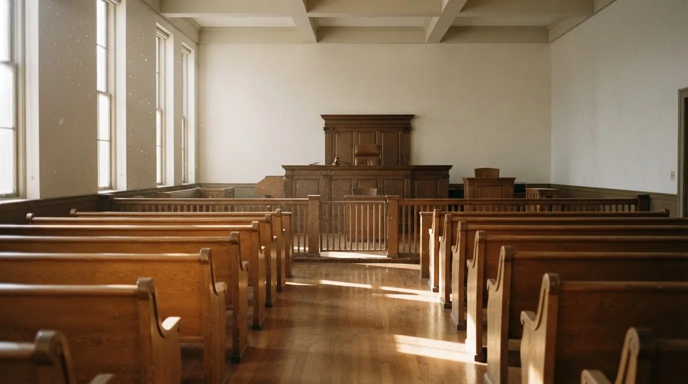 Una sala de tribunal vacía con bancos de madera a la luz de la mañana