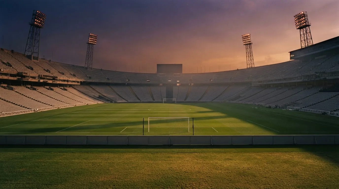 Un estadio de fútbol vacío con torres de iluminación al atardecer