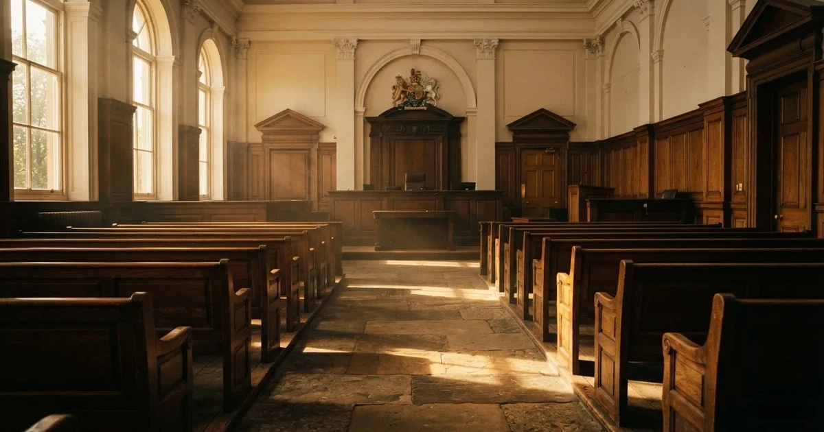 Una sala de tribunal vacía con bancos de madera a la luz de la mañana