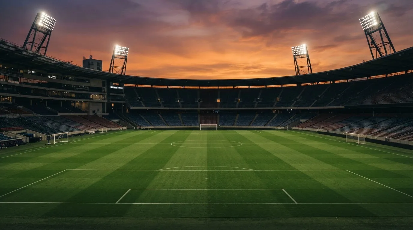 Un estadio de fútbol vacío con torres de iluminación al atardecer