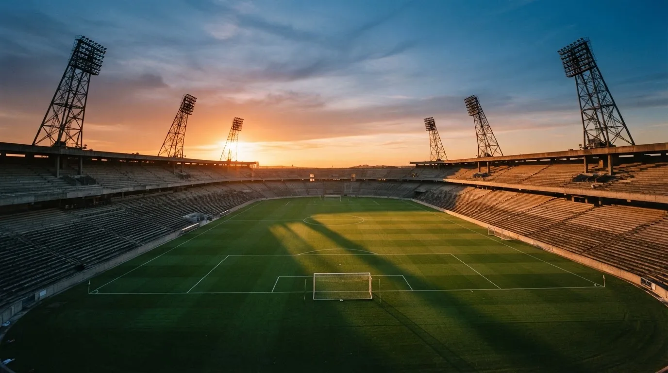 Un estadio de fútbol vacío con torres de iluminación al atardecer