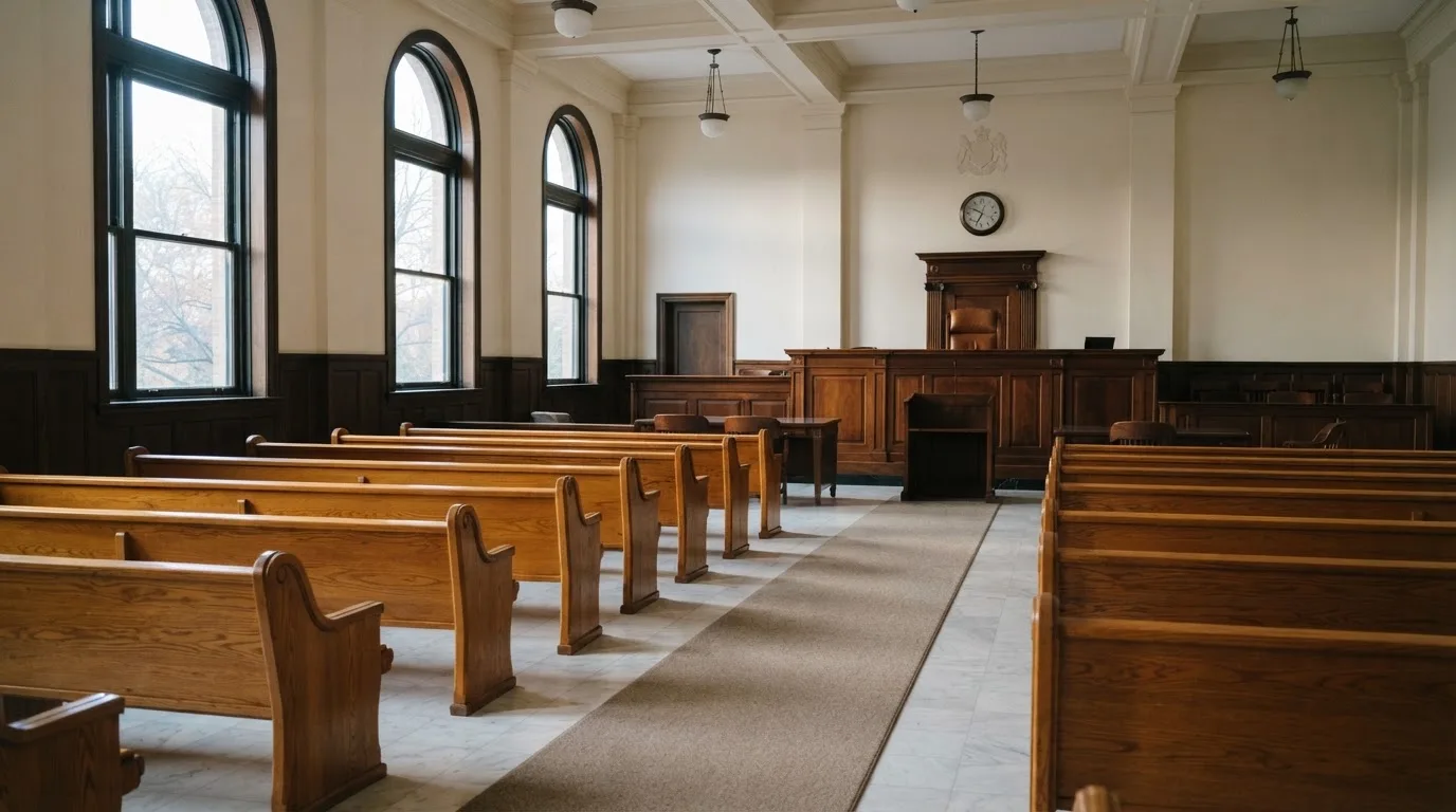 Una sala de tribunal vacía con bancos de madera a la luz de la mañana
