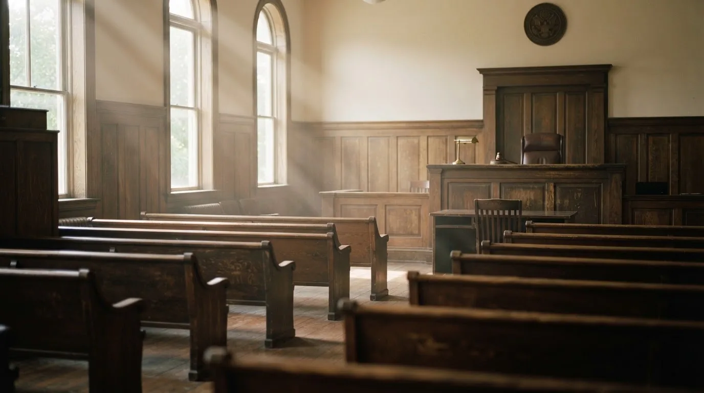 Una sala de tribunal vacía con bancos de madera a la luz de la mañana