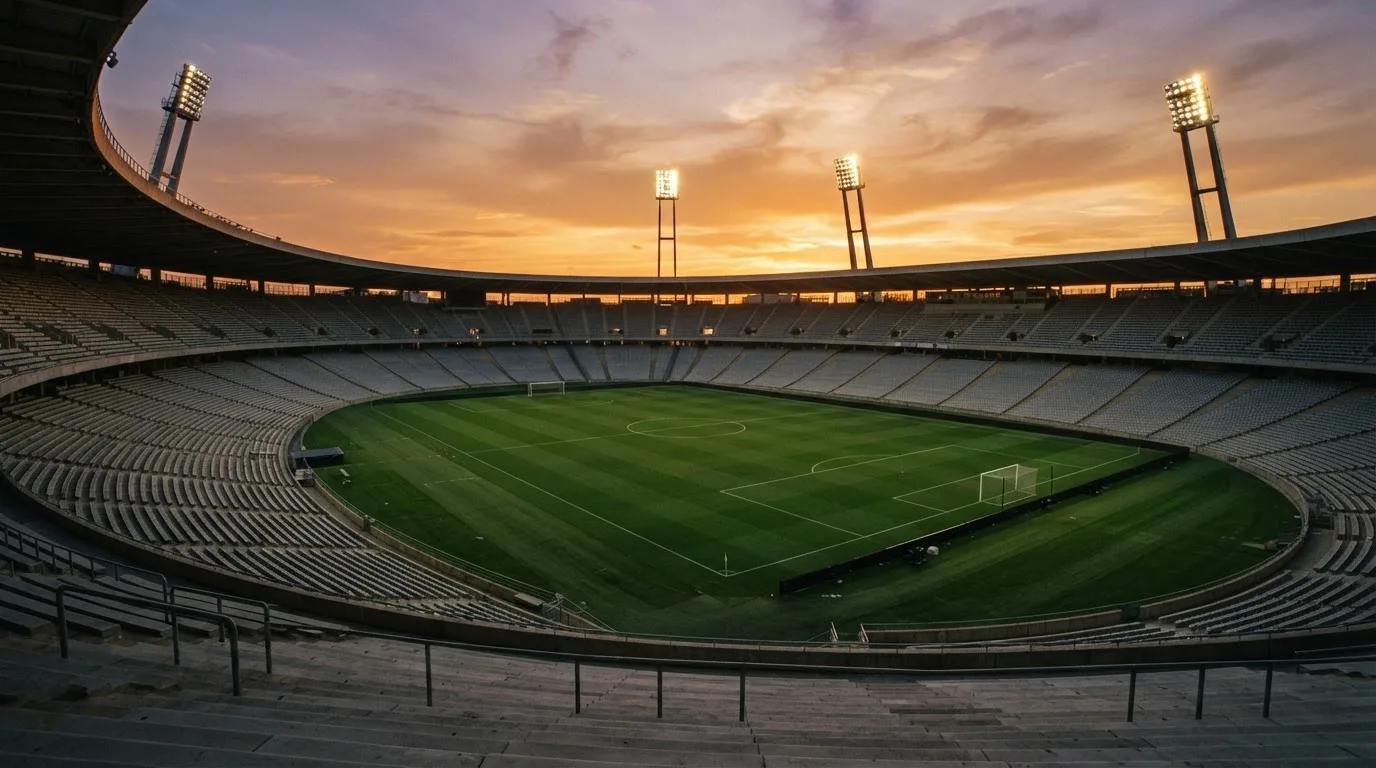 Un estadio de fútbol vacío con torres de iluminación al atardecer