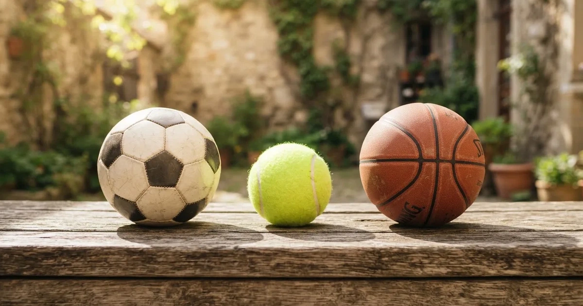 Tres balones de distintos tipos, uno junto a otro, sobre un banco de madera