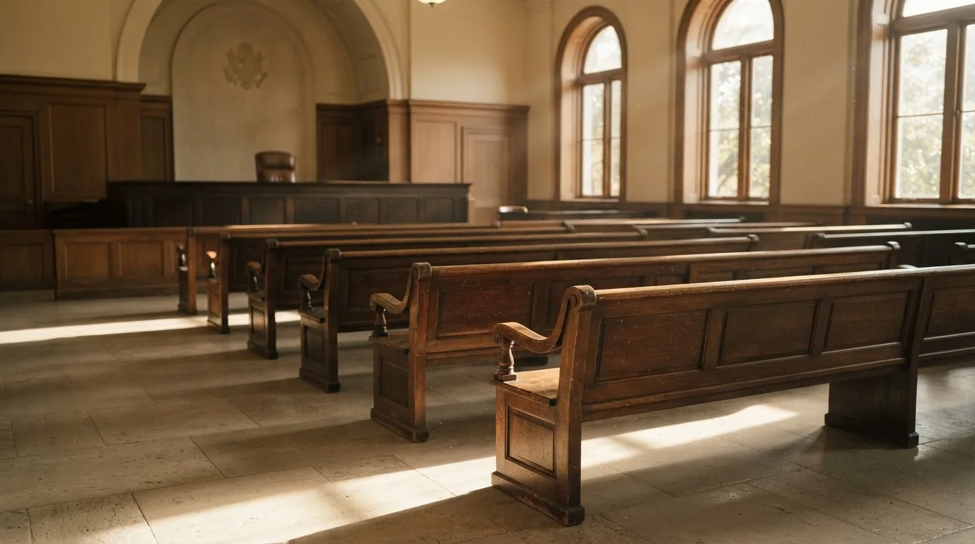 Una sala de tribunal vacía con bancos de madera a la luz de la mañana