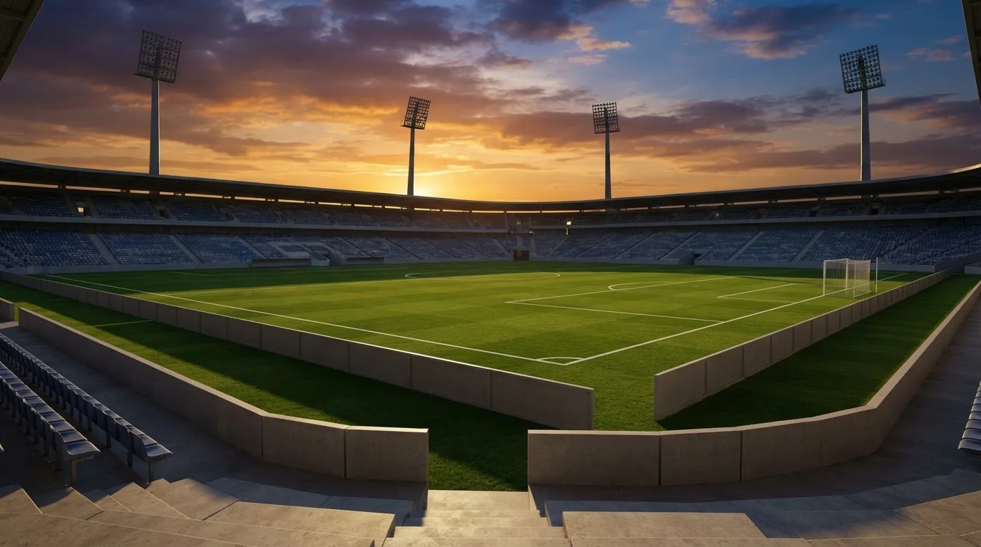 Un estadio de fútbol vacío con torres de iluminación al atardecer