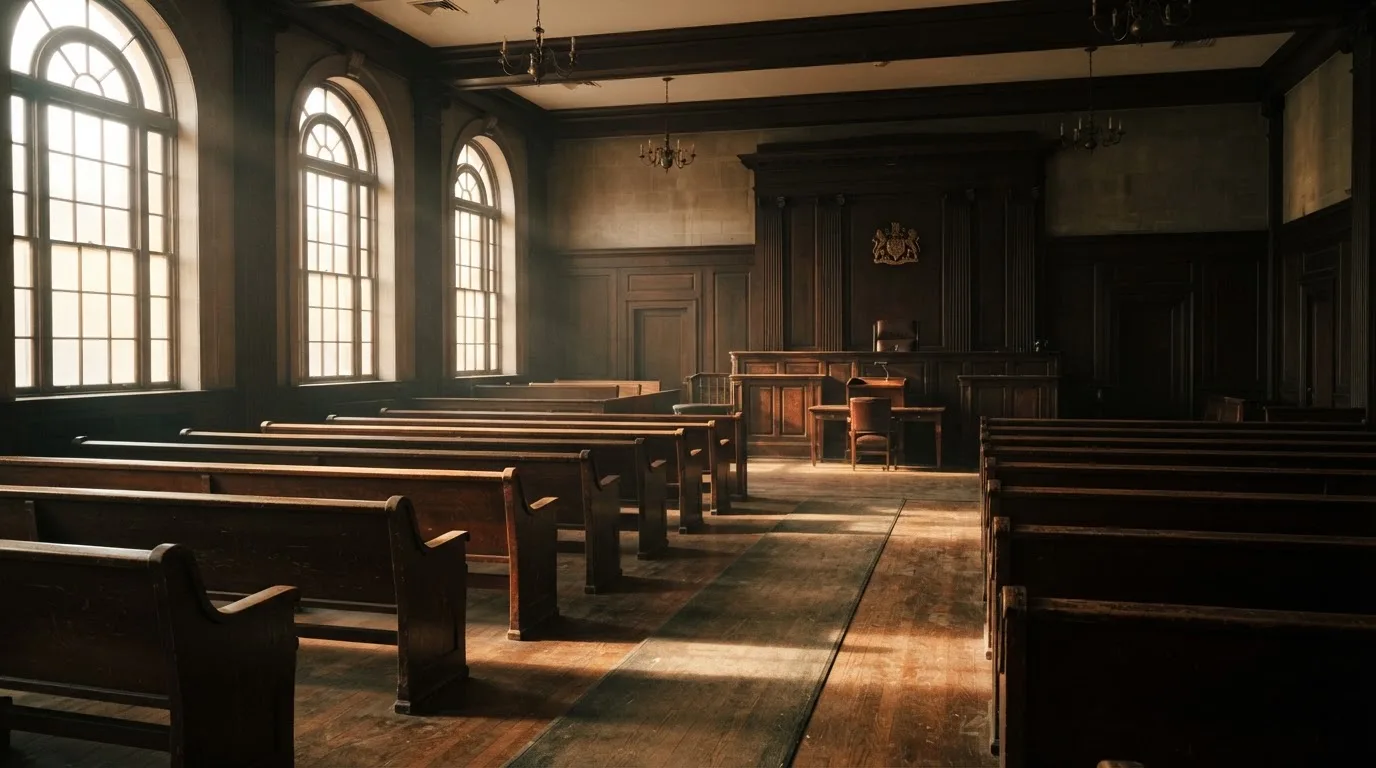 Una sala de tribunal vacía con bancos de madera a la luz de la mañana