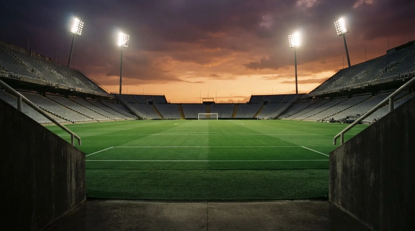 Un estadio de fútbol vacío con torres de iluminación al atardecer