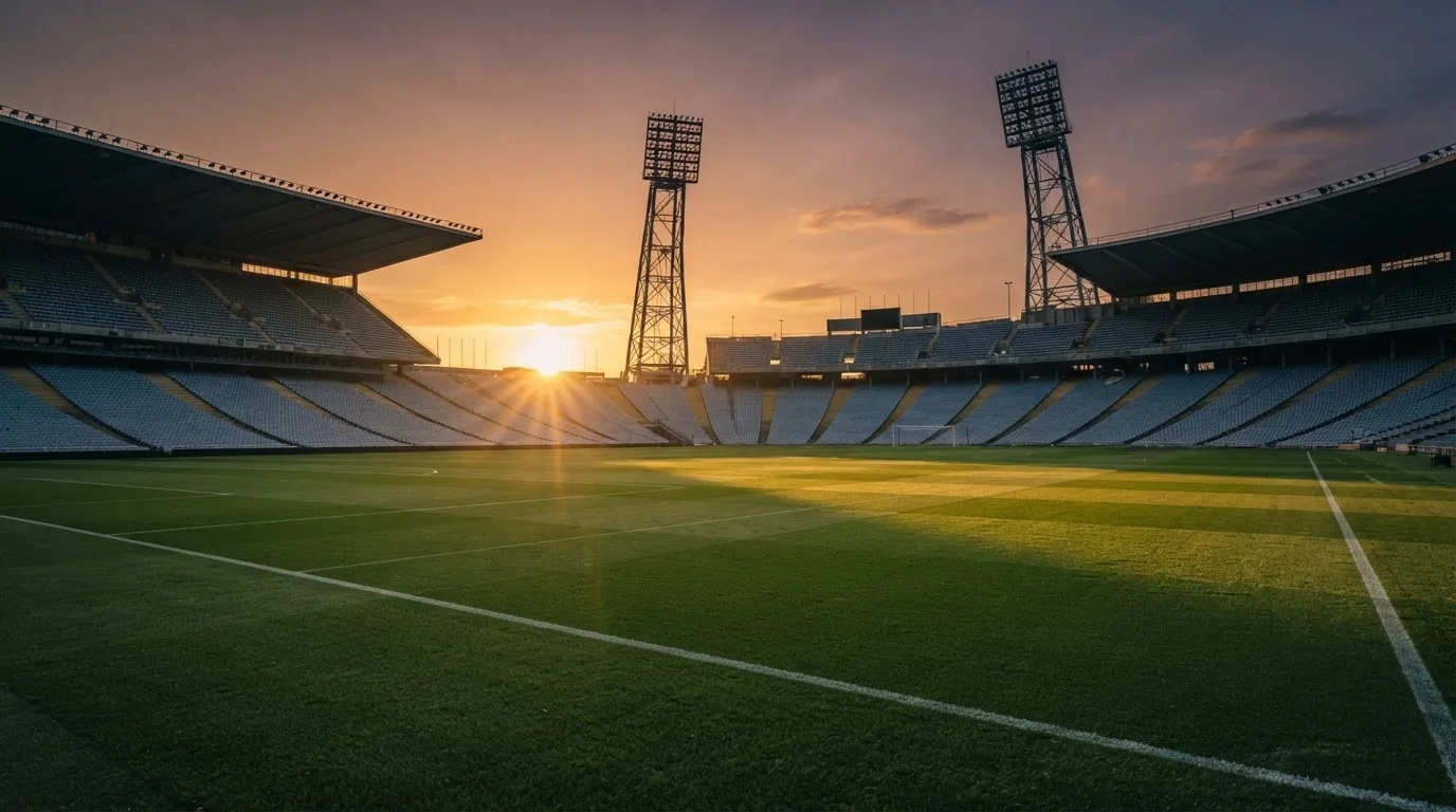 Un estadio de fútbol vacío con torres de iluminación al atardecer
