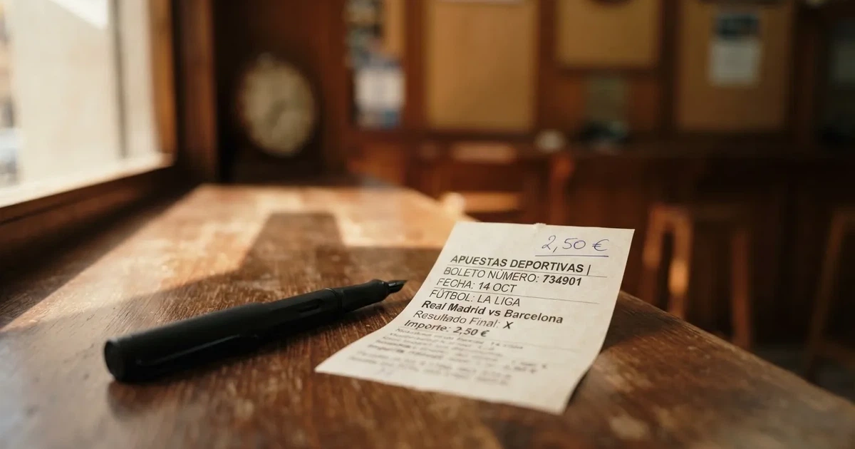 Un boleto de papel en blanco junto a un bolígrafo sobre un mostrador de madera