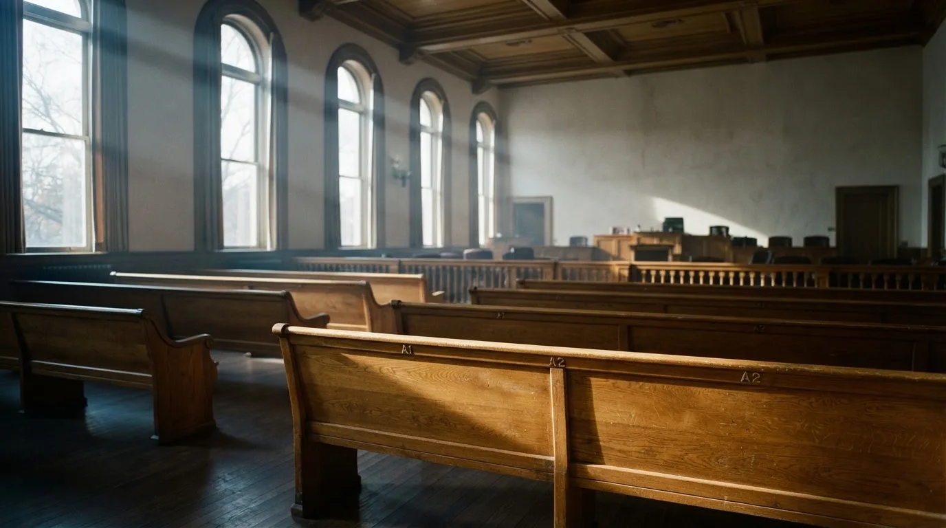 Una sala de tribunal vacía con bancos de madera a la luz de la mañana
