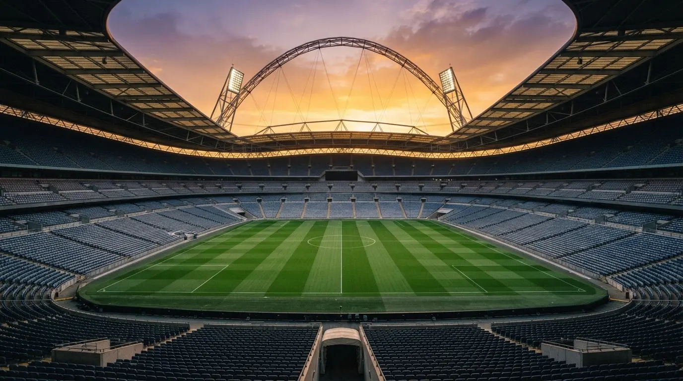 Un estadio de fútbol vacío con torres de iluminación al atardecer