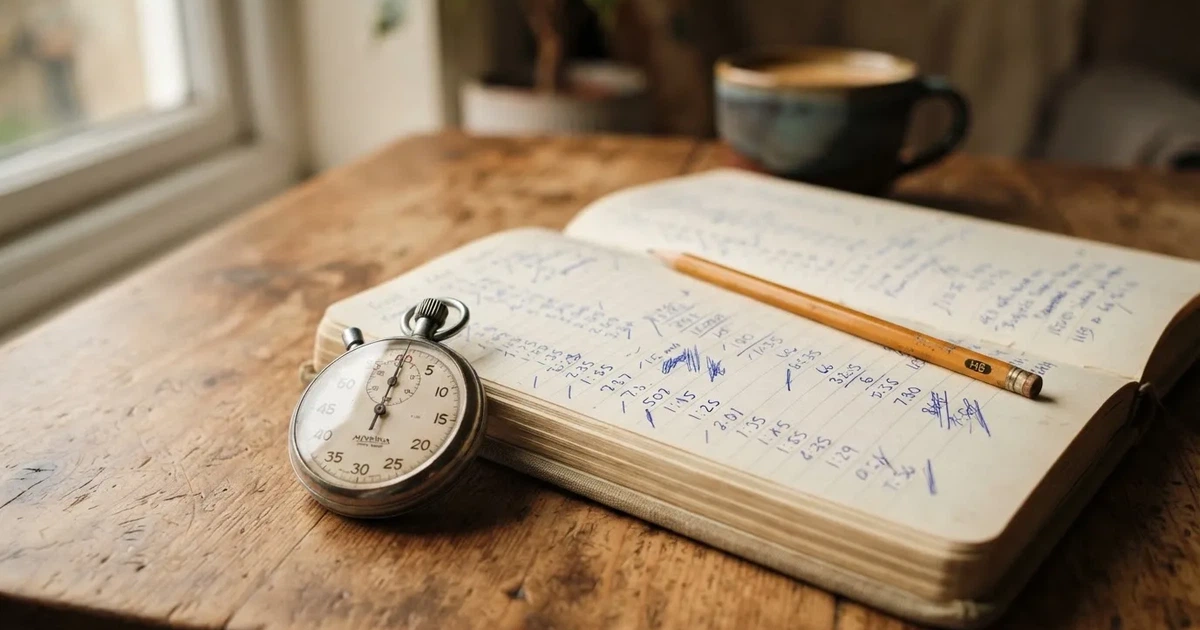 Un cuaderno abierto con un lápiz y un cronómetro sobre una mesa de madera
