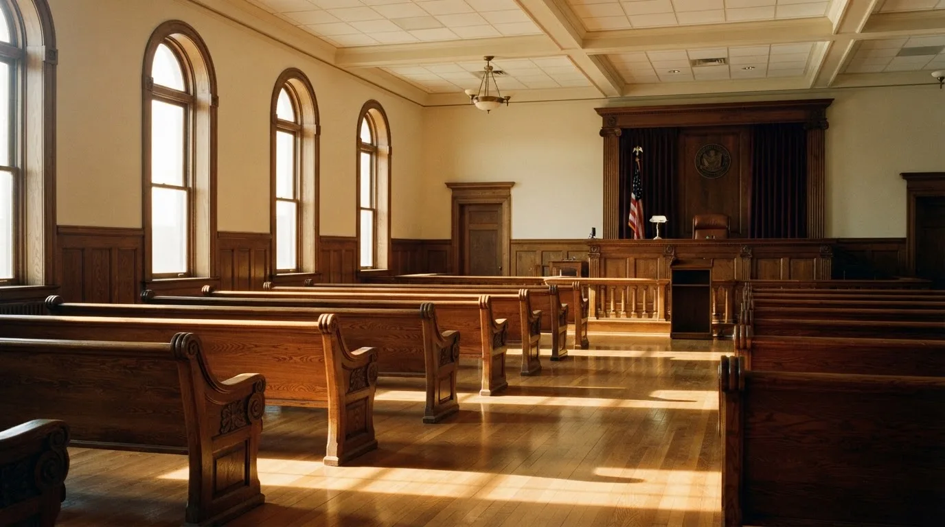 Una sala de tribunal vacía con bancos de madera a la luz de la mañana