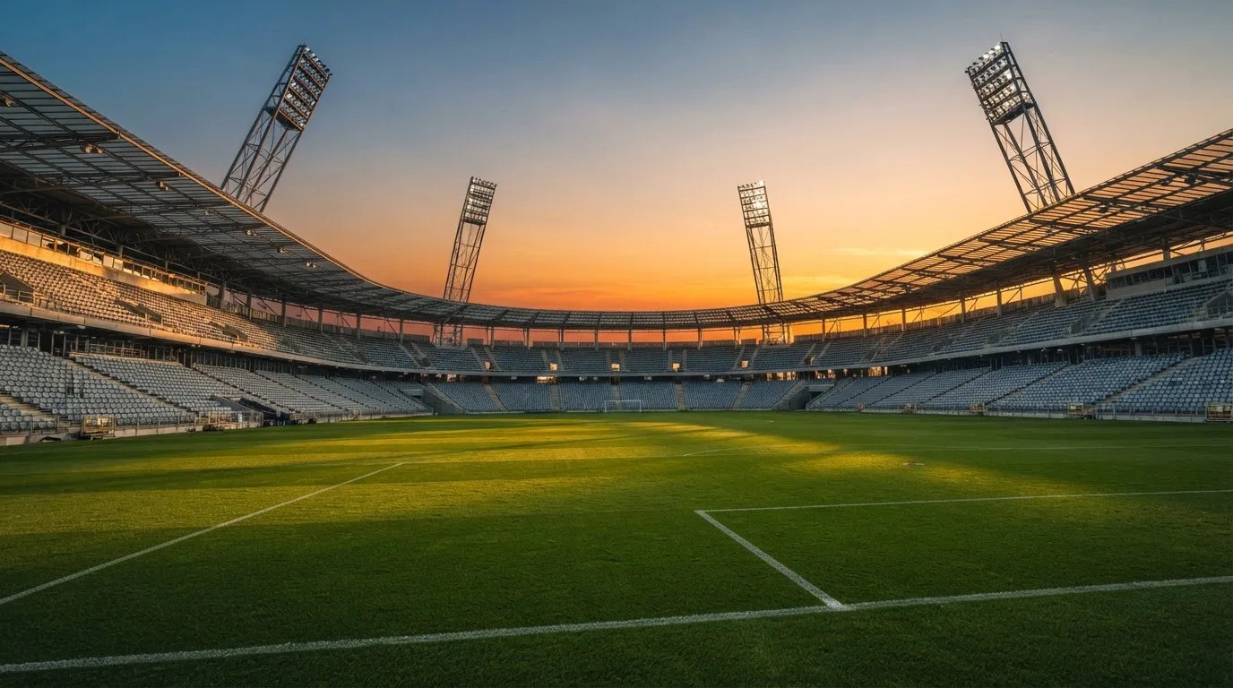 Un estadio de fútbol vacío con torres de iluminación al atardecer