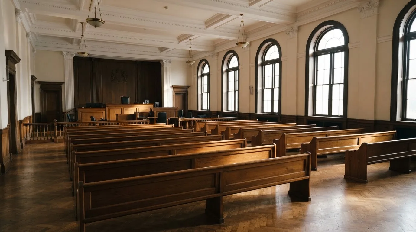 Una sala de tribunal vacía con bancos de madera a la luz de la mañana