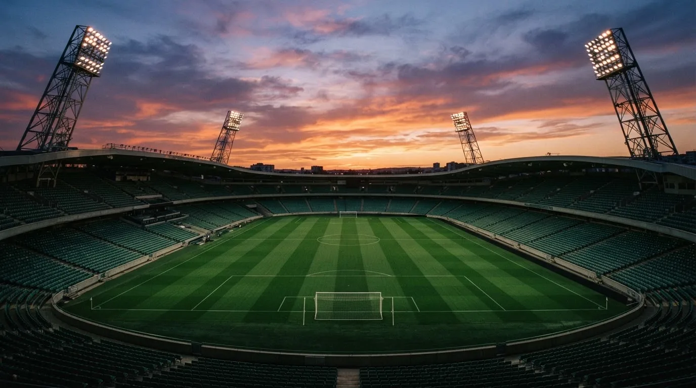 Un estadio de fútbol vacío con torres de iluminación al atardecer