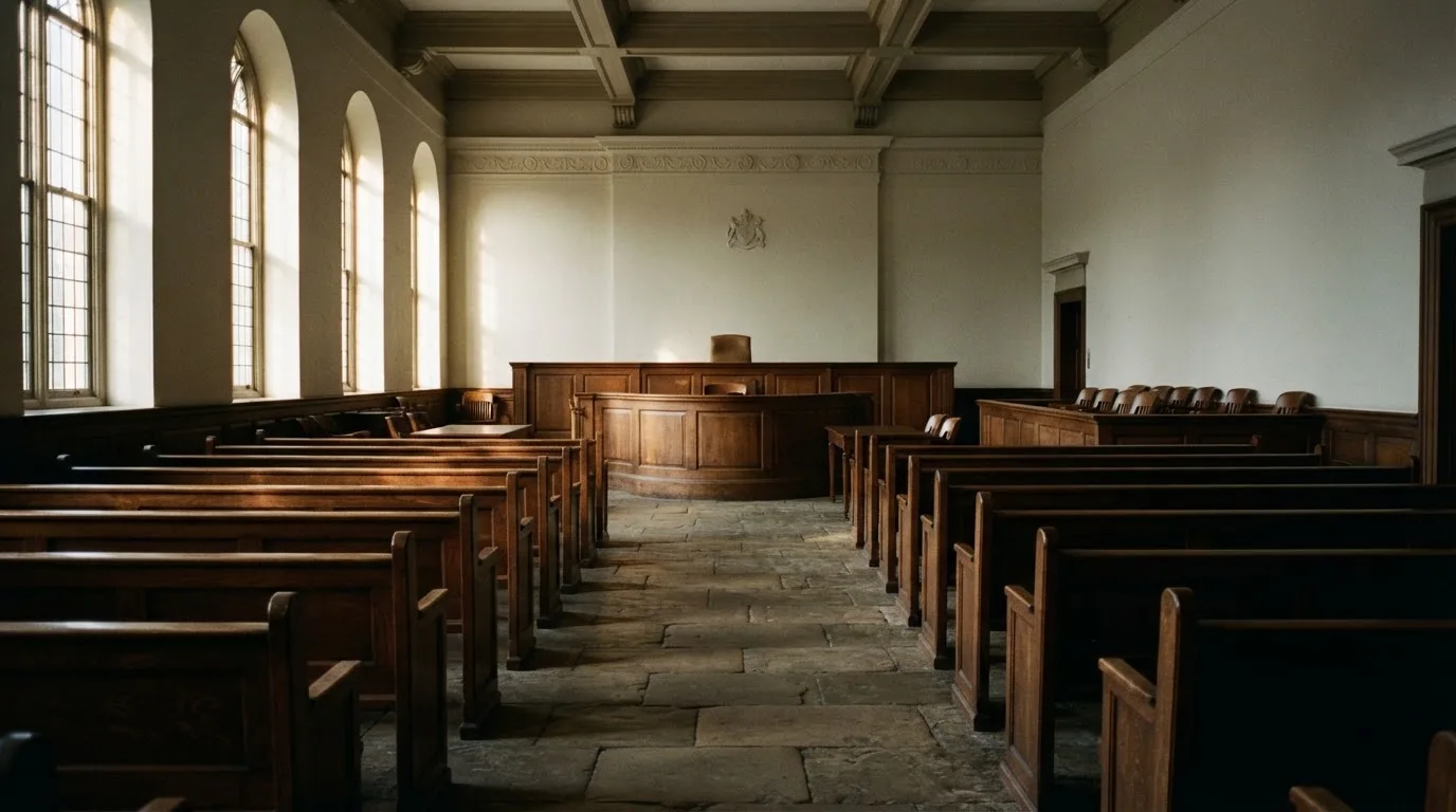 Una sala de tribunal vacía con bancos de madera a la luz de la mañana