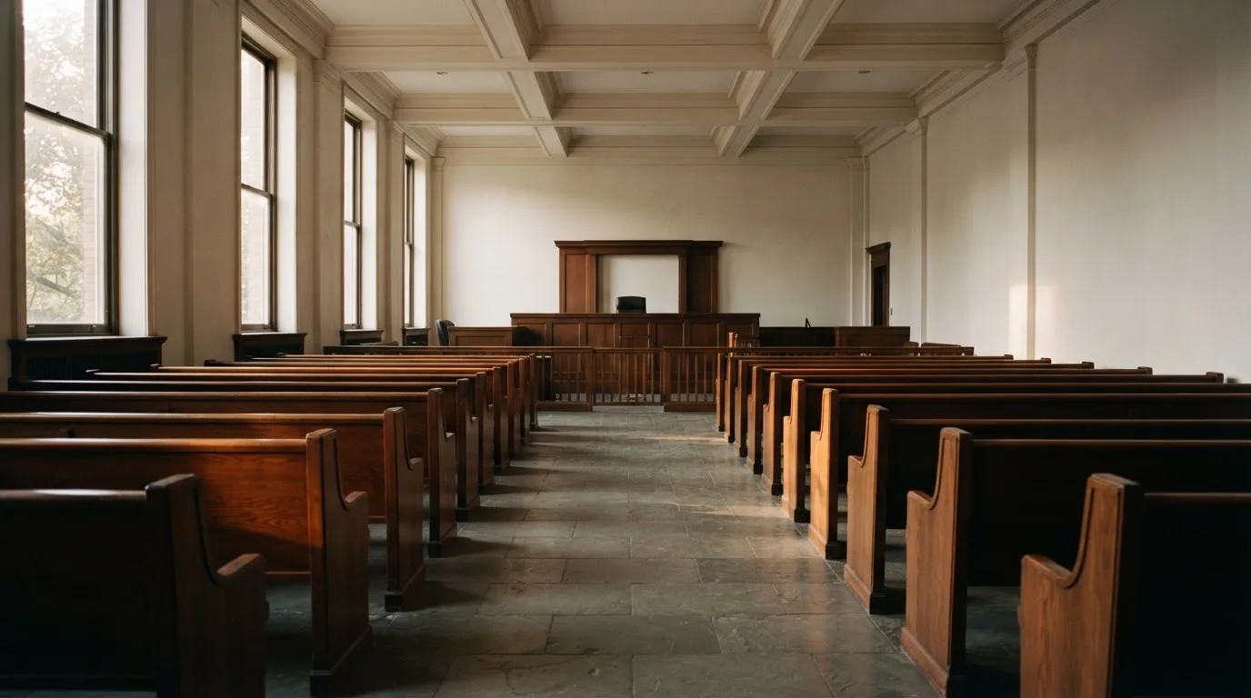 Una sala de tribunal vacía con bancos de madera a la luz de la mañana