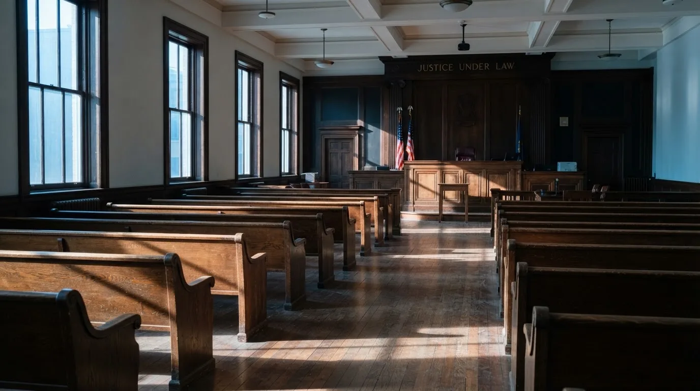 Una sala de tribunal vacía con bancos de madera a la luz de la mañana