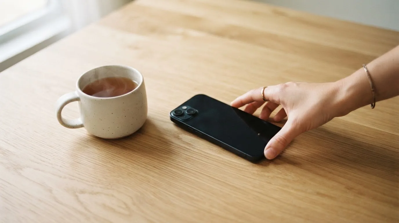 Una mano deja un móvil junto a una taza de té sobre la mesa de la cocina, una tarde tranquila