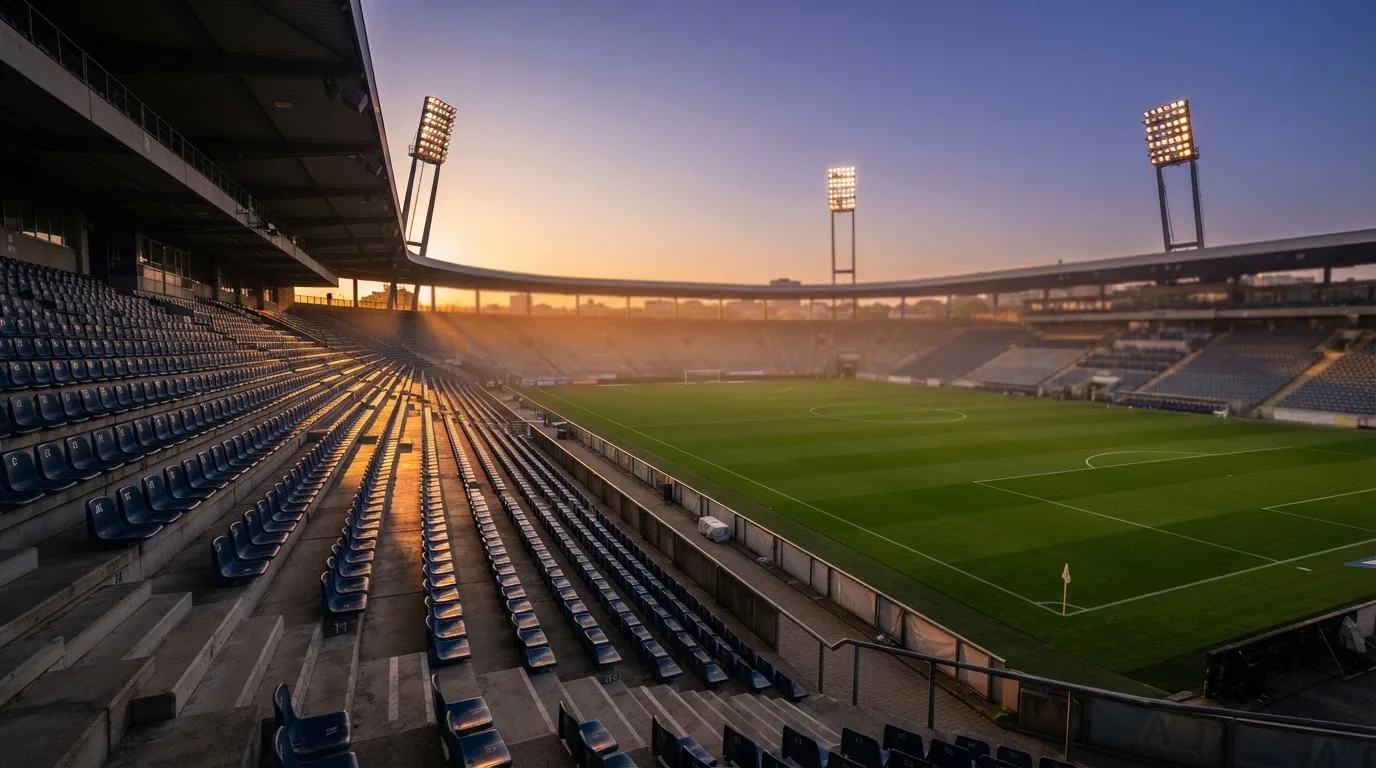 Un estadio de fútbol vacío con torres de iluminación al atardecer