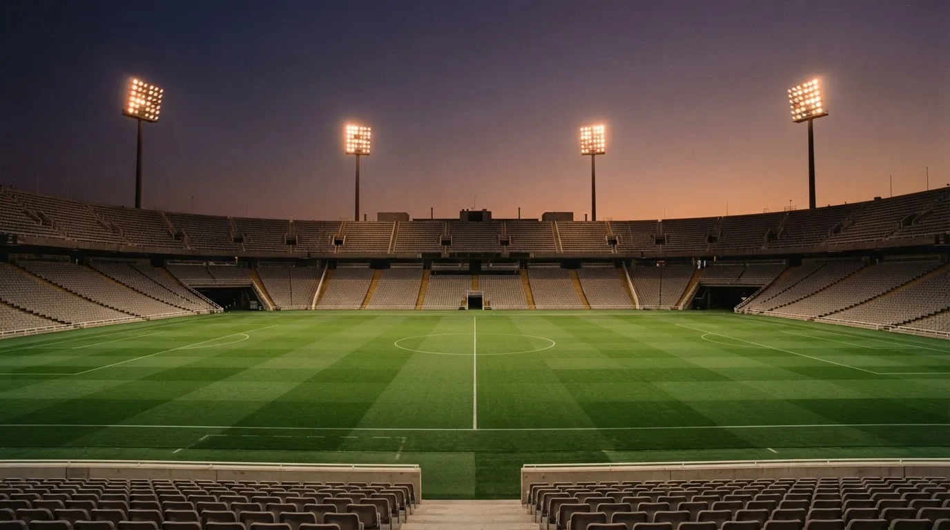 Un estadio de fútbol vacío con torres de iluminación al atardecer