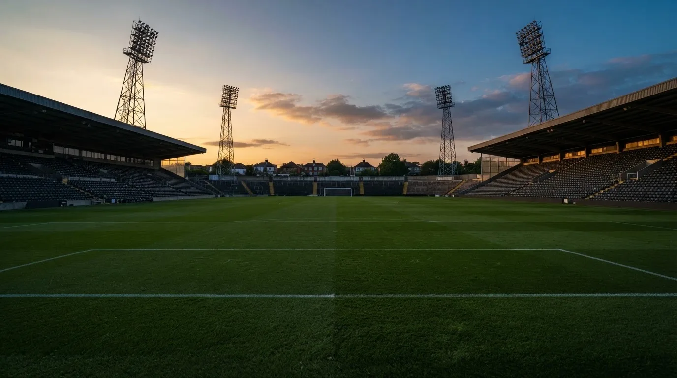 Un estadio de fútbol vacío con torres de iluminación al atardecer