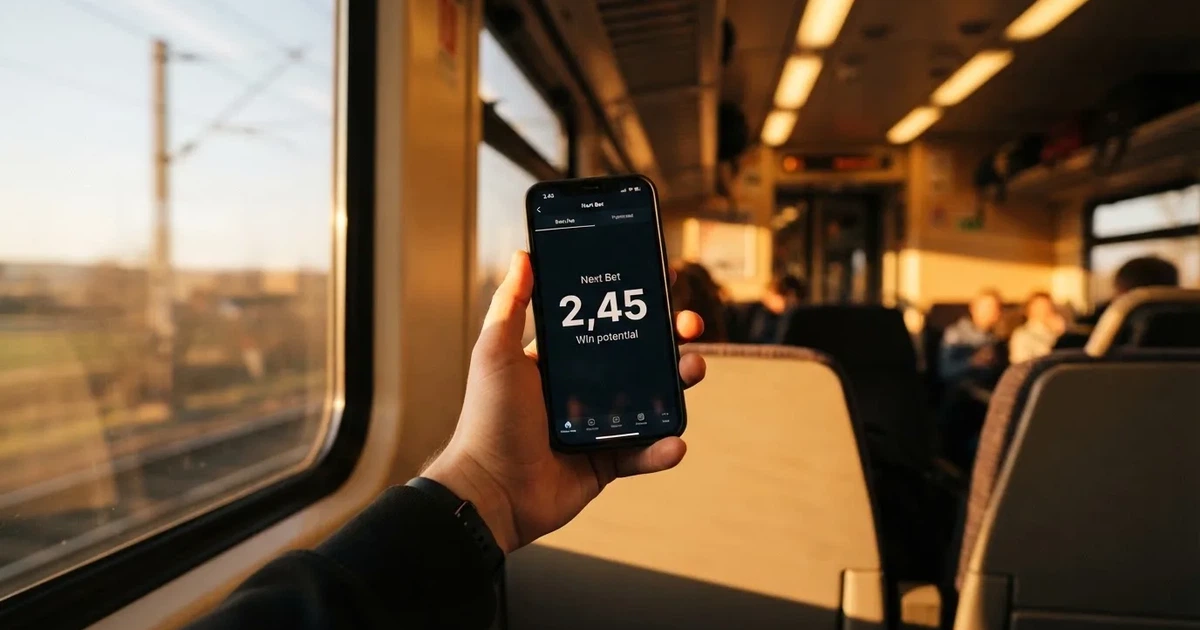 Una mano sostiene un móvil en el tren por la tarde, con la pantalla girada