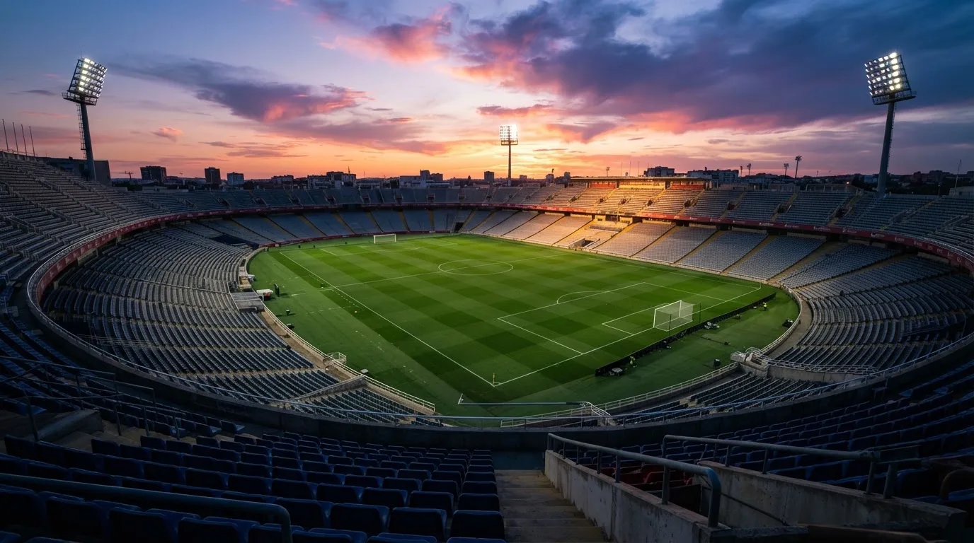 Un estadio de fútbol vacío con torres de iluminación al atardecer