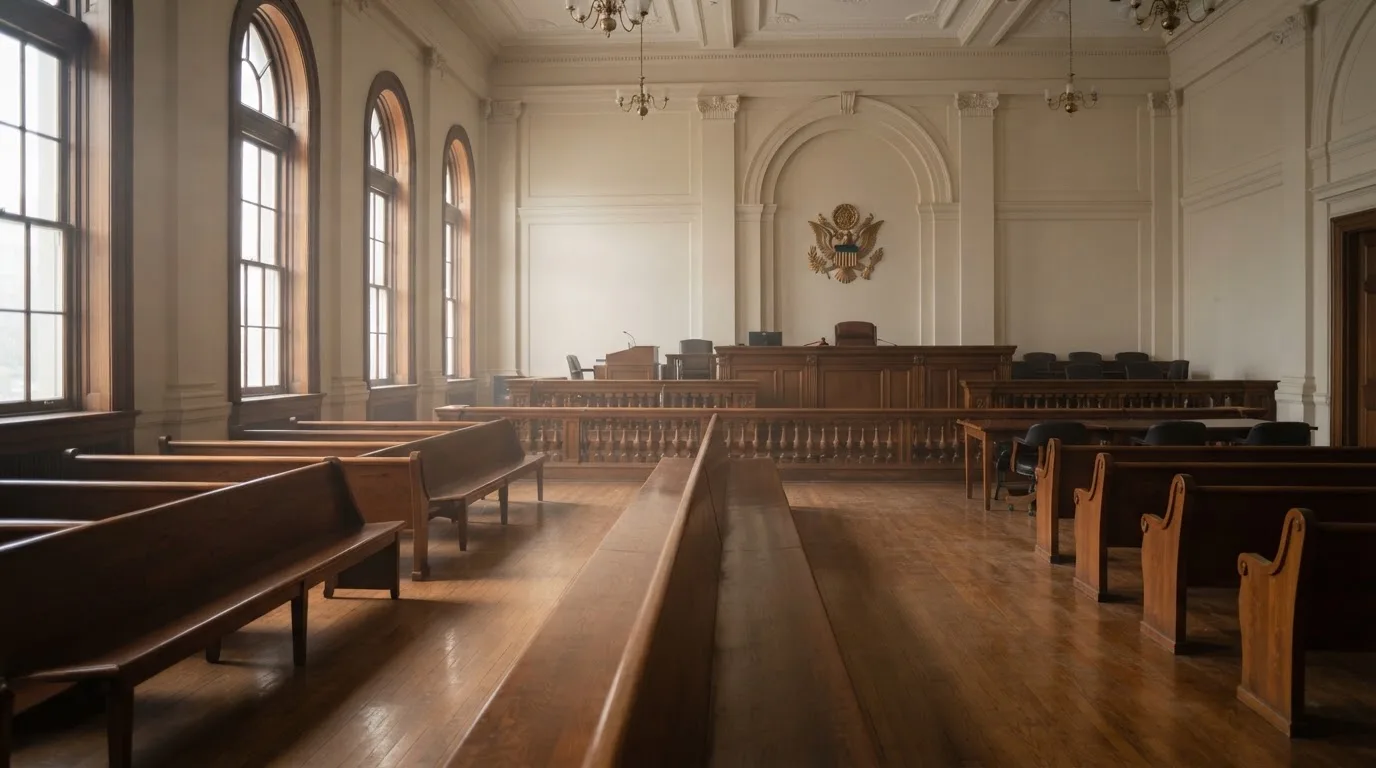 Una sala de tribunal vacía con bancos de madera a la luz de la mañana