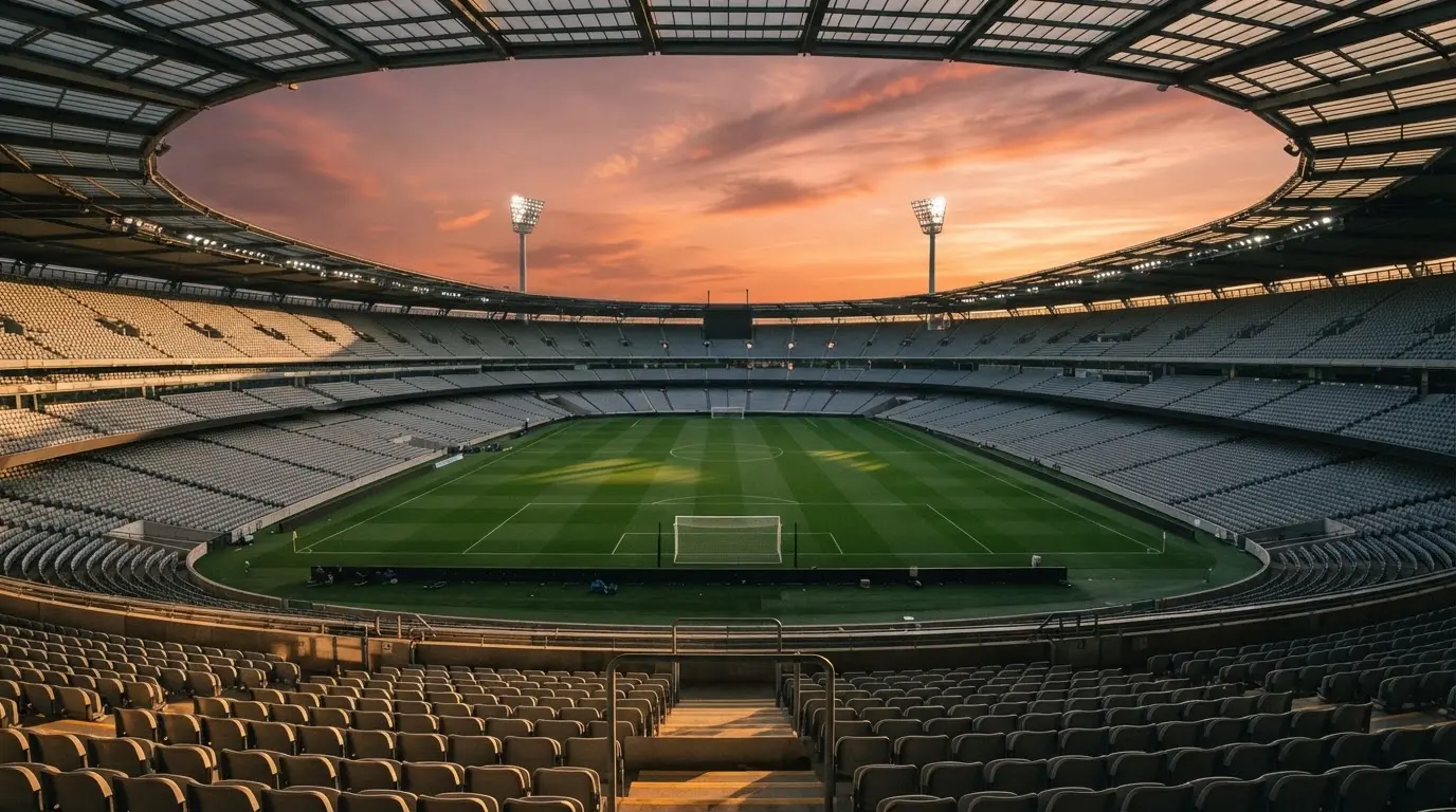 Un estadio de fútbol vacío con torres de iluminación al atardecer