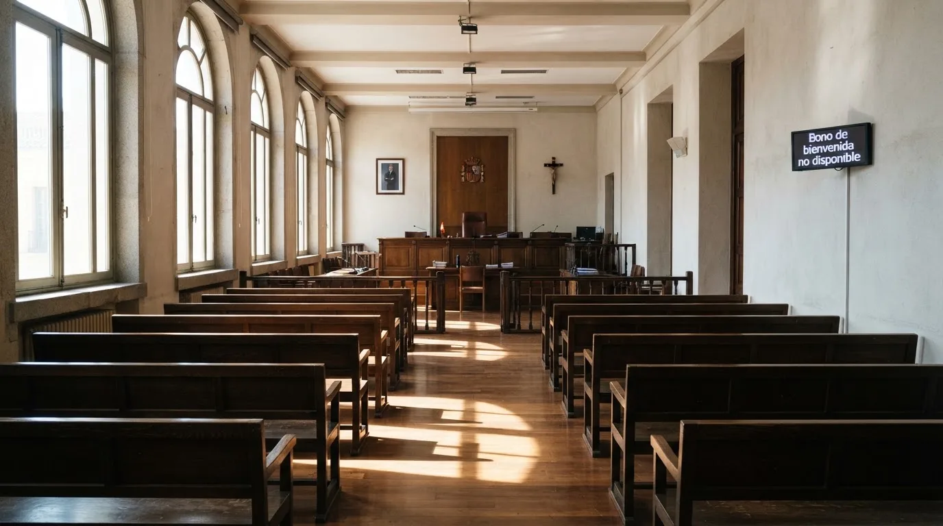 Una sala de tribunal vacía con bancos de madera a la luz de la mañana