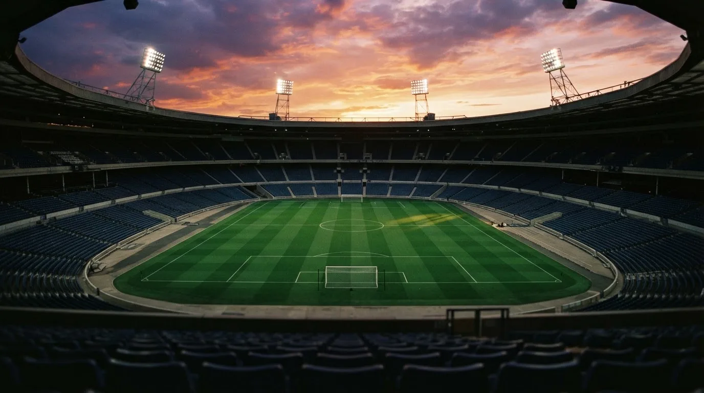 Un estadio de fútbol vacío con torres de iluminación al atardecer