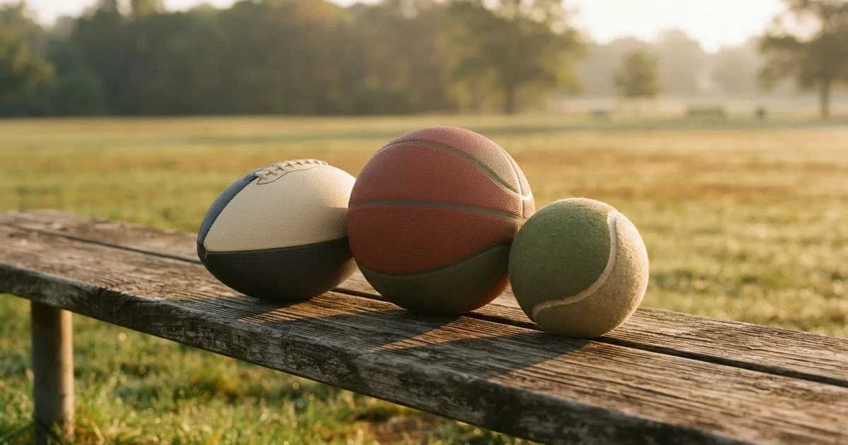 Tres balones de distintos tipos, uno junto a otro, sobre un banco de madera